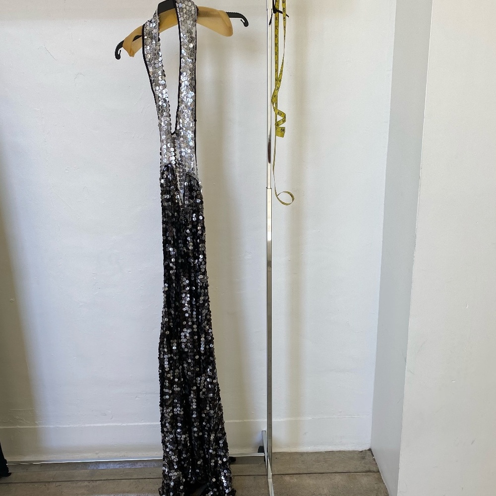 Black and Silver Sequin Halter Backless Gown